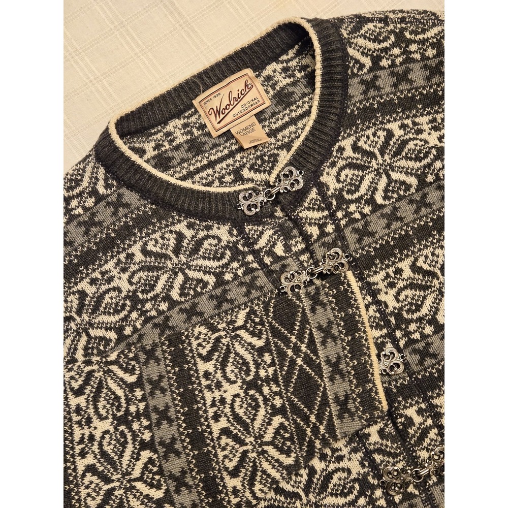 Vintage Woolrich Cardigan Sweater Womens Large Nordic Fair Isle Metal Clasps EUC